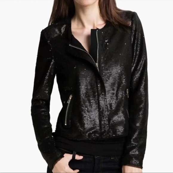 REBECCA TAYLOR Size 4 Black Sequin Moto Jacket Grunge - Picture 2 of 8